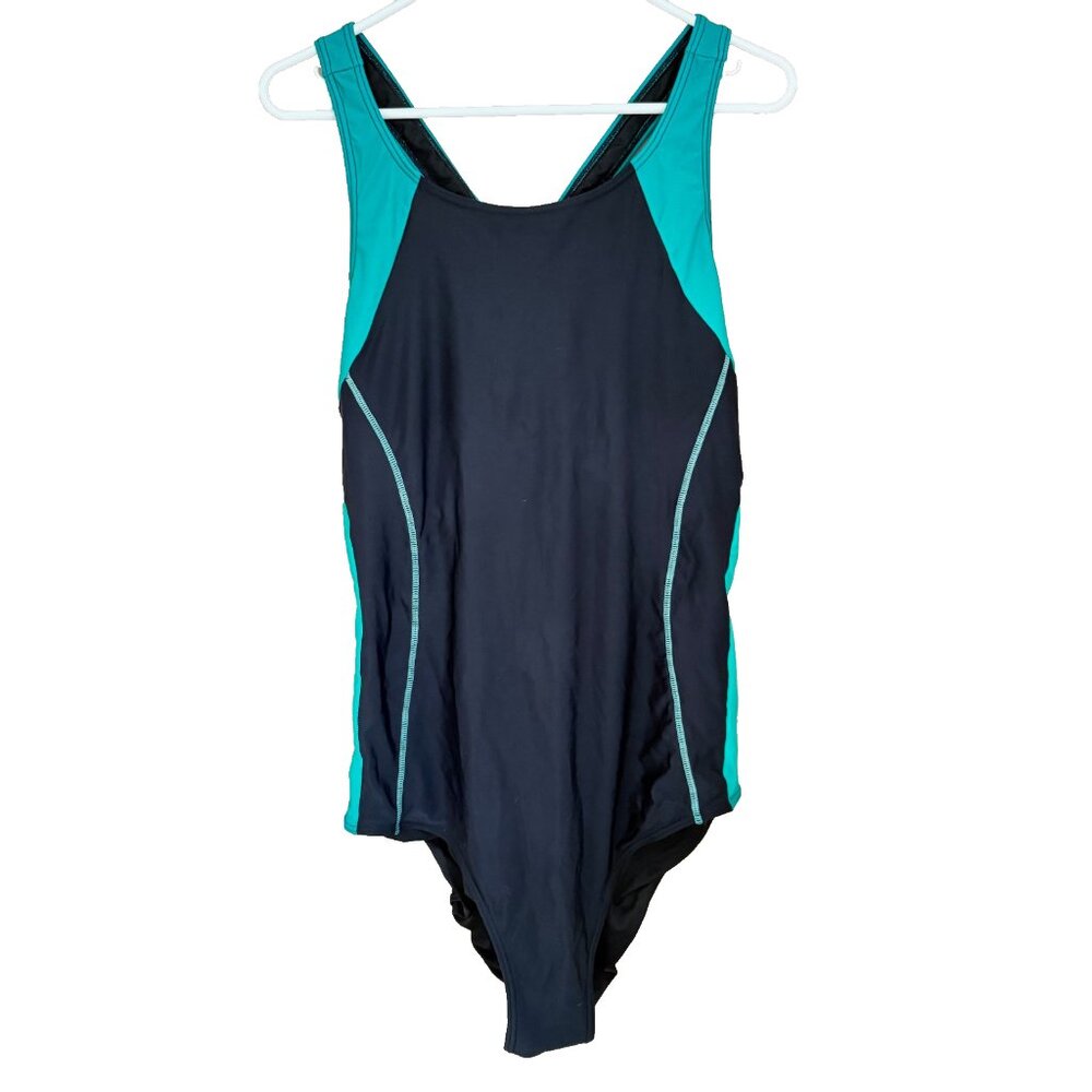 Womens Athletic One Piece Swimsuit 2XL Racerback UPF 50+ Colorblock Black Green